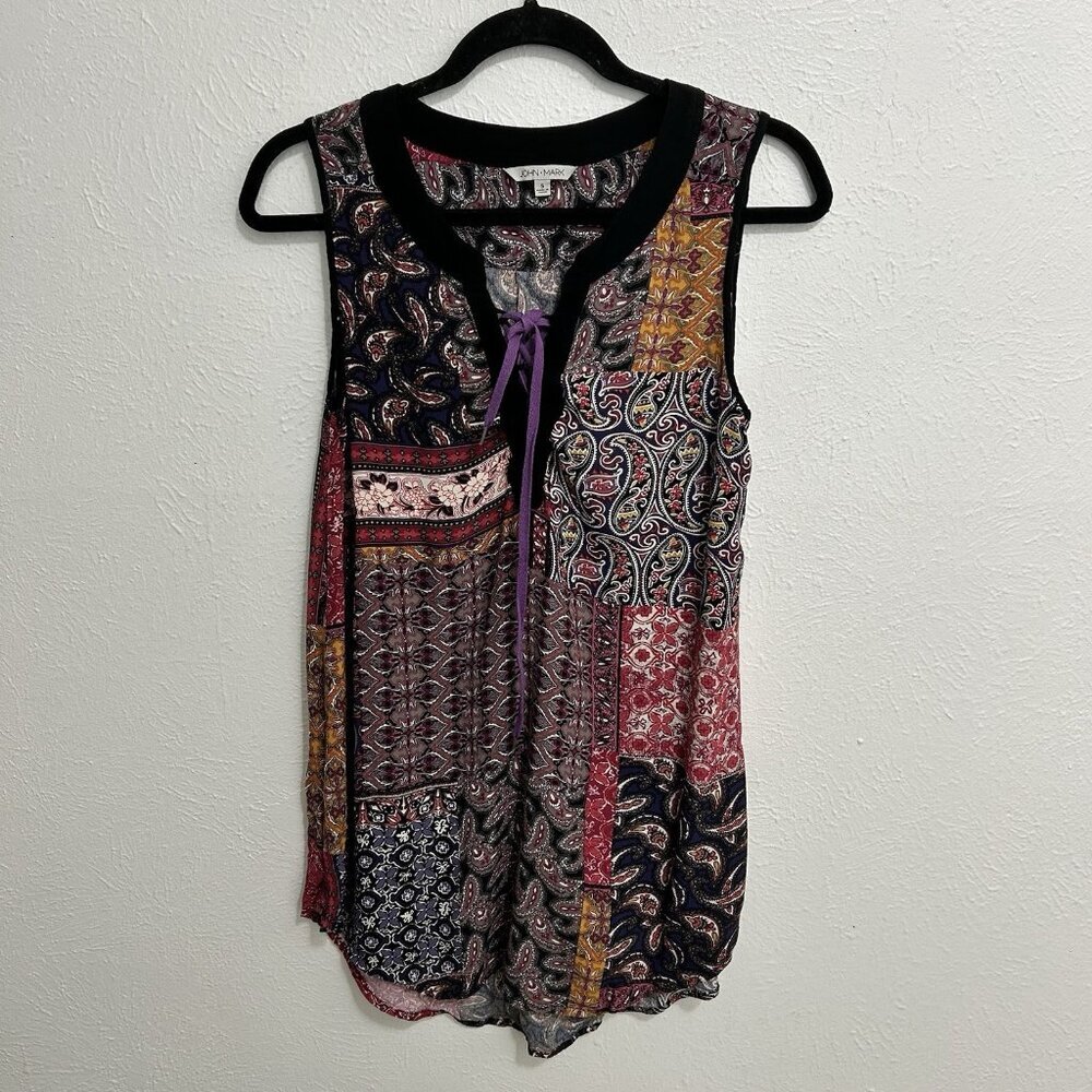 John Mark Shirt Paisley Floral Patchwork Tunic Tassel V-Neck Artsy Boho Size S